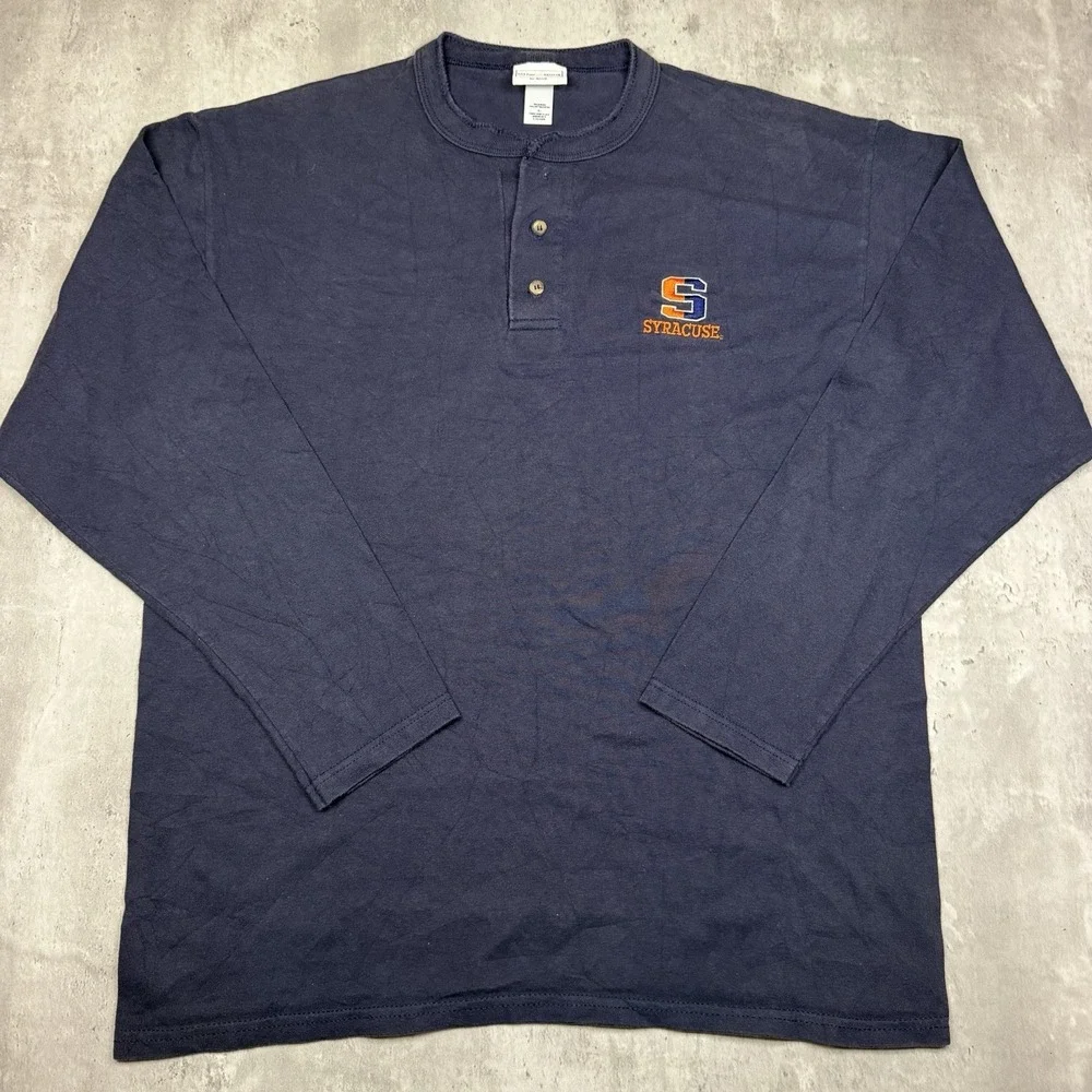 Vintage 90s Anvil Syracuse Henley Long Sleeve Shirt Navy Men's Large USA 00s